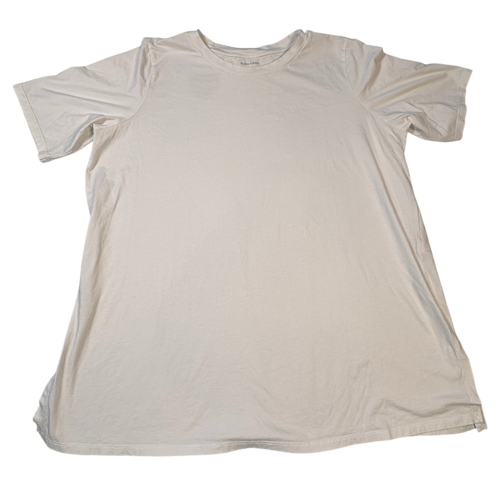 Eileen Fisher Organic Cotton Short Sleeve Top Cream XL Side Slits Crew Neck